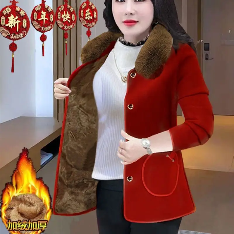 High-grade Cold-proof Warm Fleece Autumn And Winter New Coat Female Fashion Mother Loose Western Style With Fur Collar Warm Coat