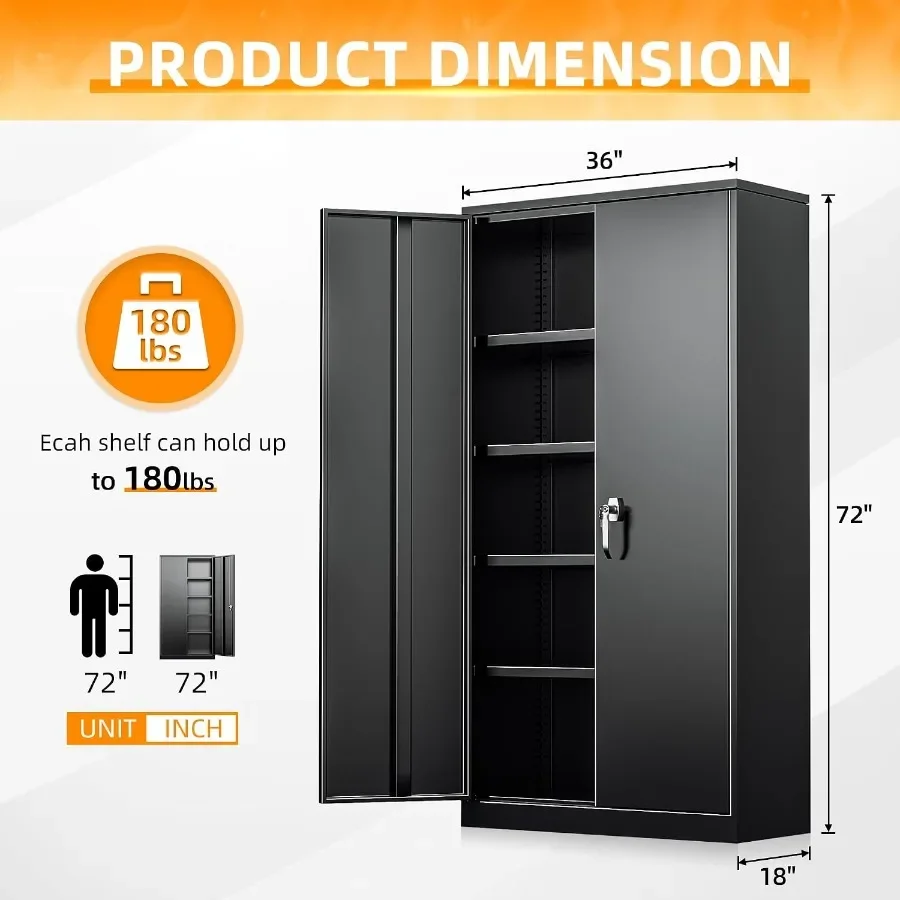 Home office and garage metal storage cabinet with locking doors and shelves, black steel construction, 72-inch tall durable loc