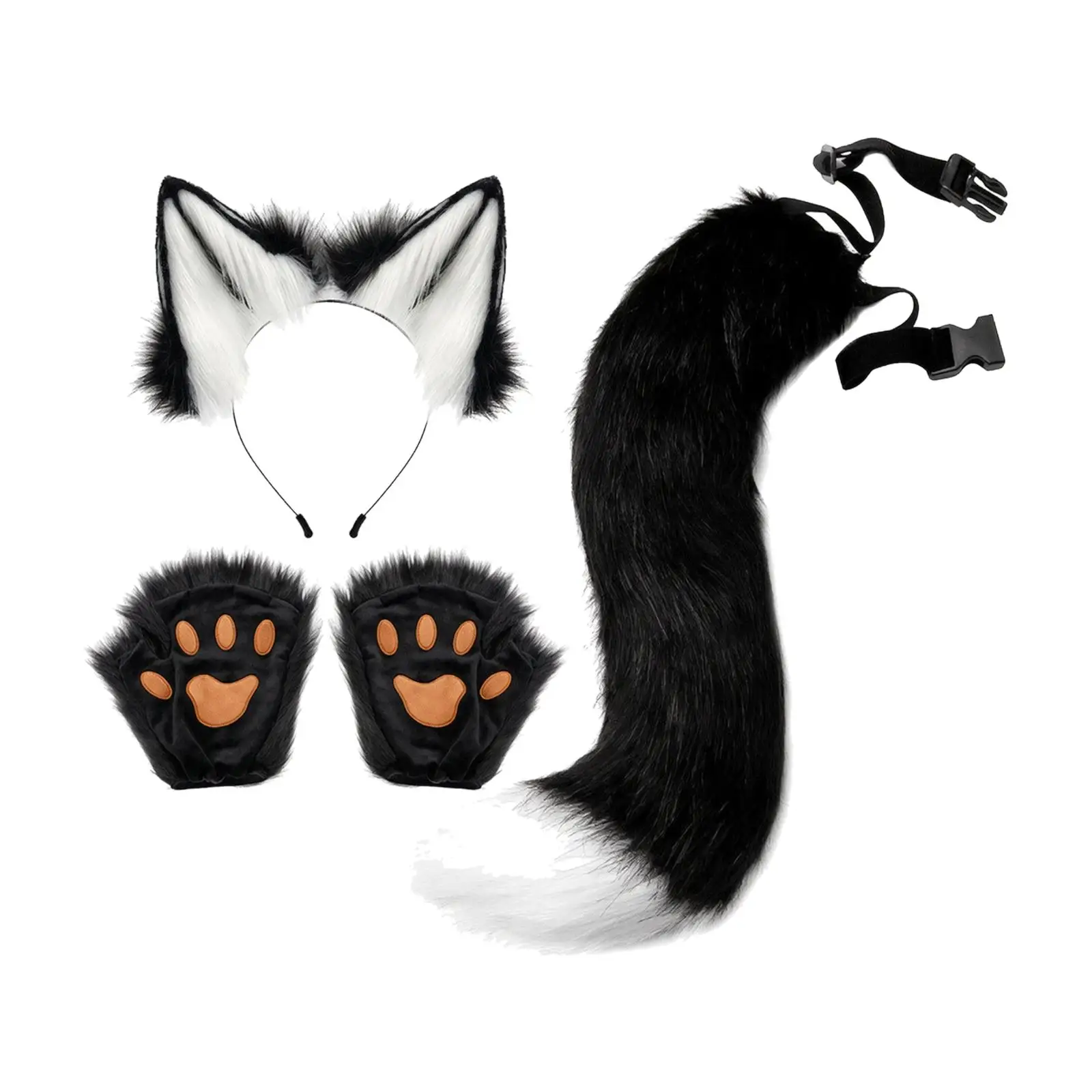 Furry Ear Headwear Kit with Curved Tail and Fingerless Gloves for Fun Animal Roleplay Costume