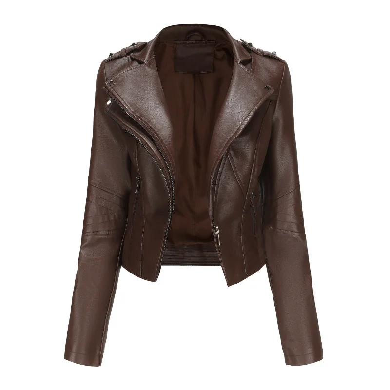 Spring Leather Cropped Jackets Women Rivets Zippered PU Coats Slim Long-sleeved Autumn European and American Popular Short Tops