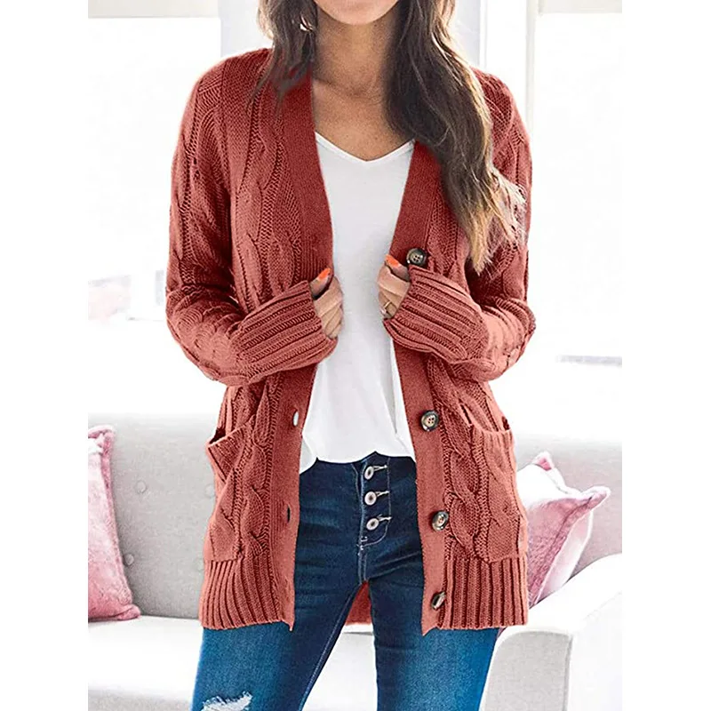 New in Women Sweater Coat Solid Color Long Sleeve Button Down Cable Knit Jacket with Pocket Loose Fit Cardigan Sweater for Lady