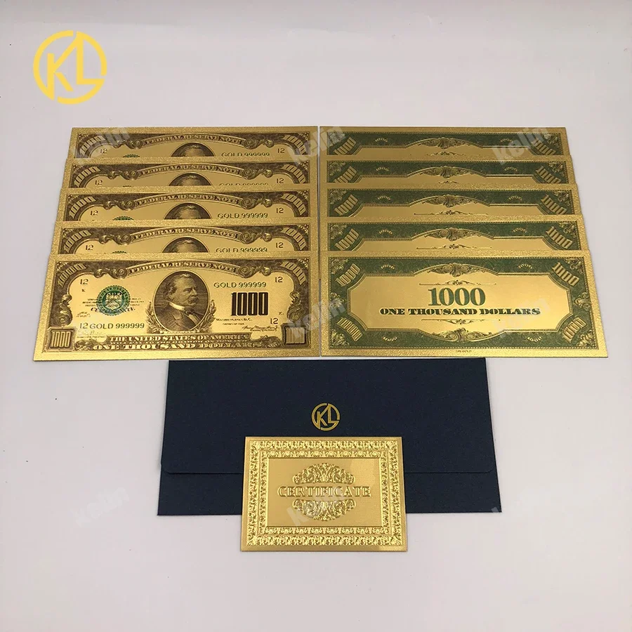 10pcs/lot Gifts Money 24k Golden Plated 500 US Dollar Gold Plastic Banknote Fake Gift Money with nice certificate and envelope