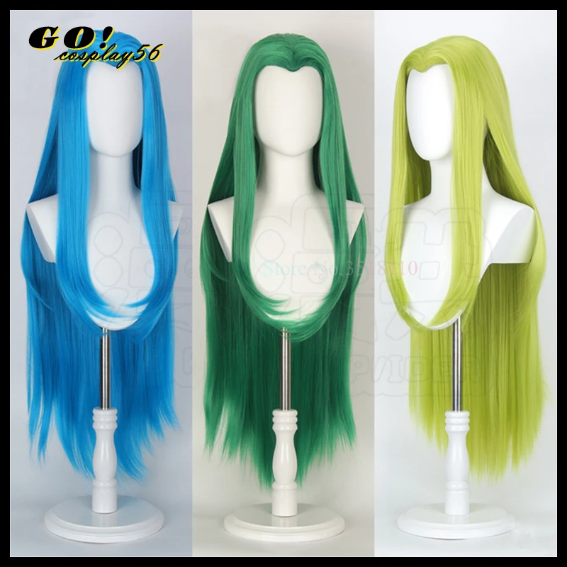 Peruca Cosplay azul e verde, cabelo liso longo, estilo antigo parte média linha fina, resistente ao calor, Jinx Navy Olive, Peak da viúva, 100cm