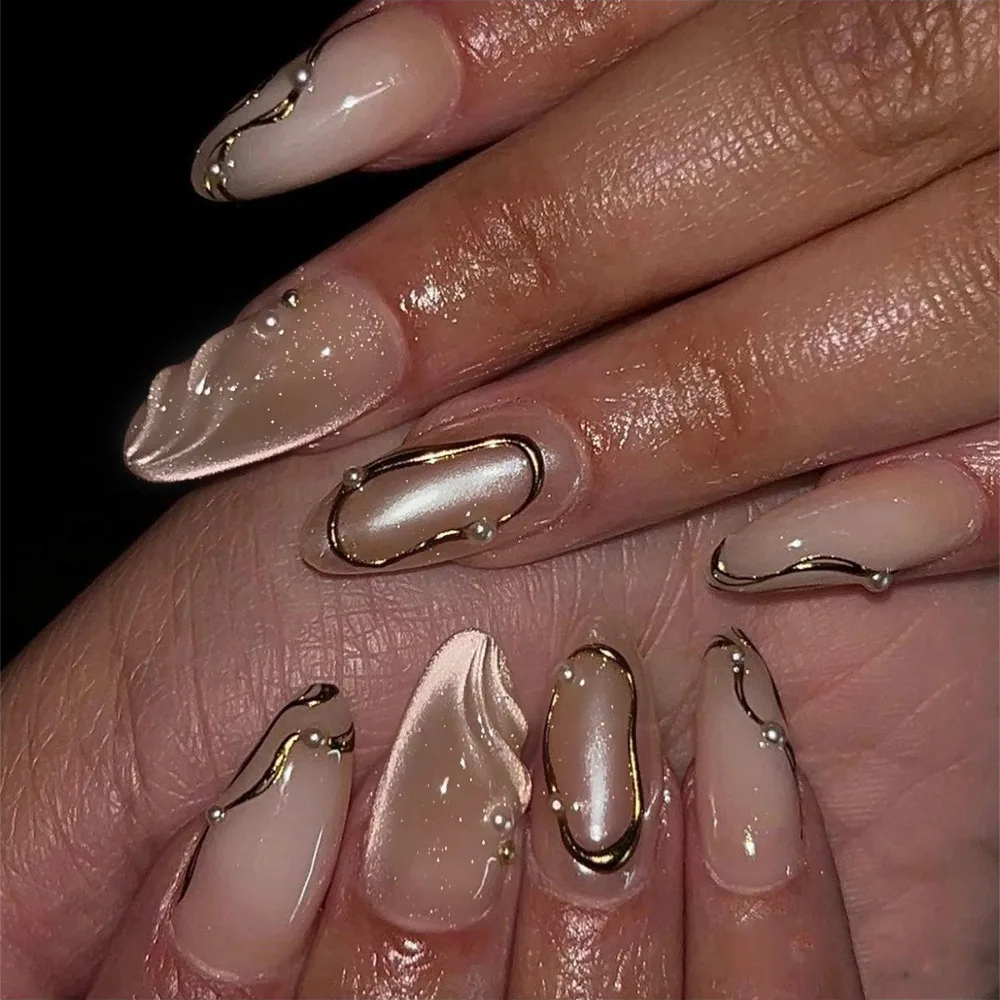 

24PCS Nude Cat Eye Almond Press on Nails 3D Golden Patterns with Pearl French Fake Nails for Women Wearable Simple Nail Manicure