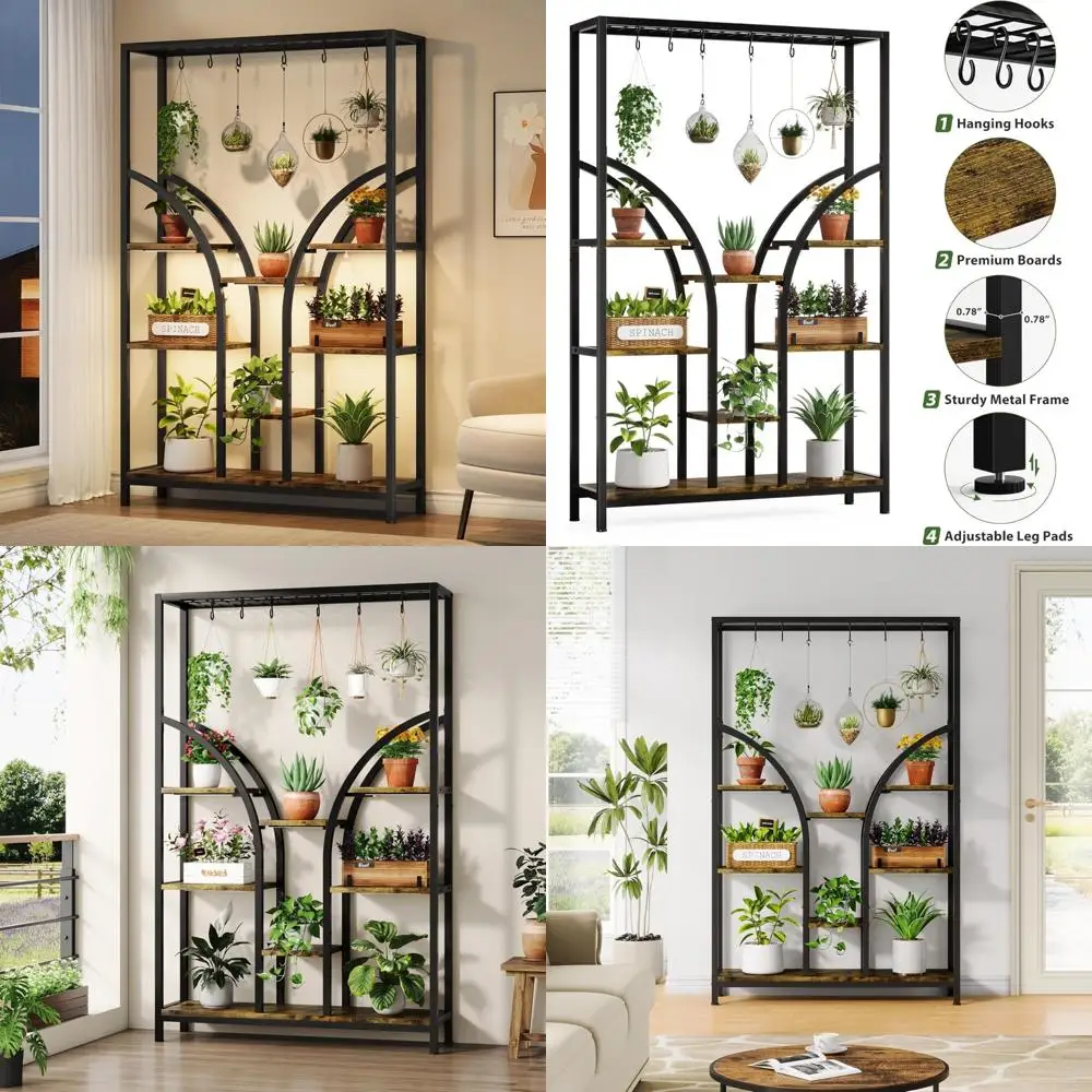 

6-Tier Metal Indoor Plant Stand with Grow Lights, 71 Tall, Hanging Hooks for Flower Plants Display Rack