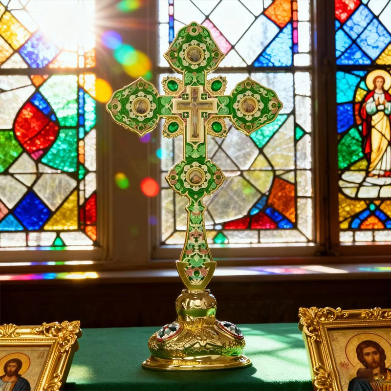 Luxuriöses Orthodoxes Christliches Geschenk: Vergoldetes Grünes Cloisonné-Standkreuz, Kirchenqualität, Altar-Kruzifix für Spirituelle Heimdekoration – Detail 10