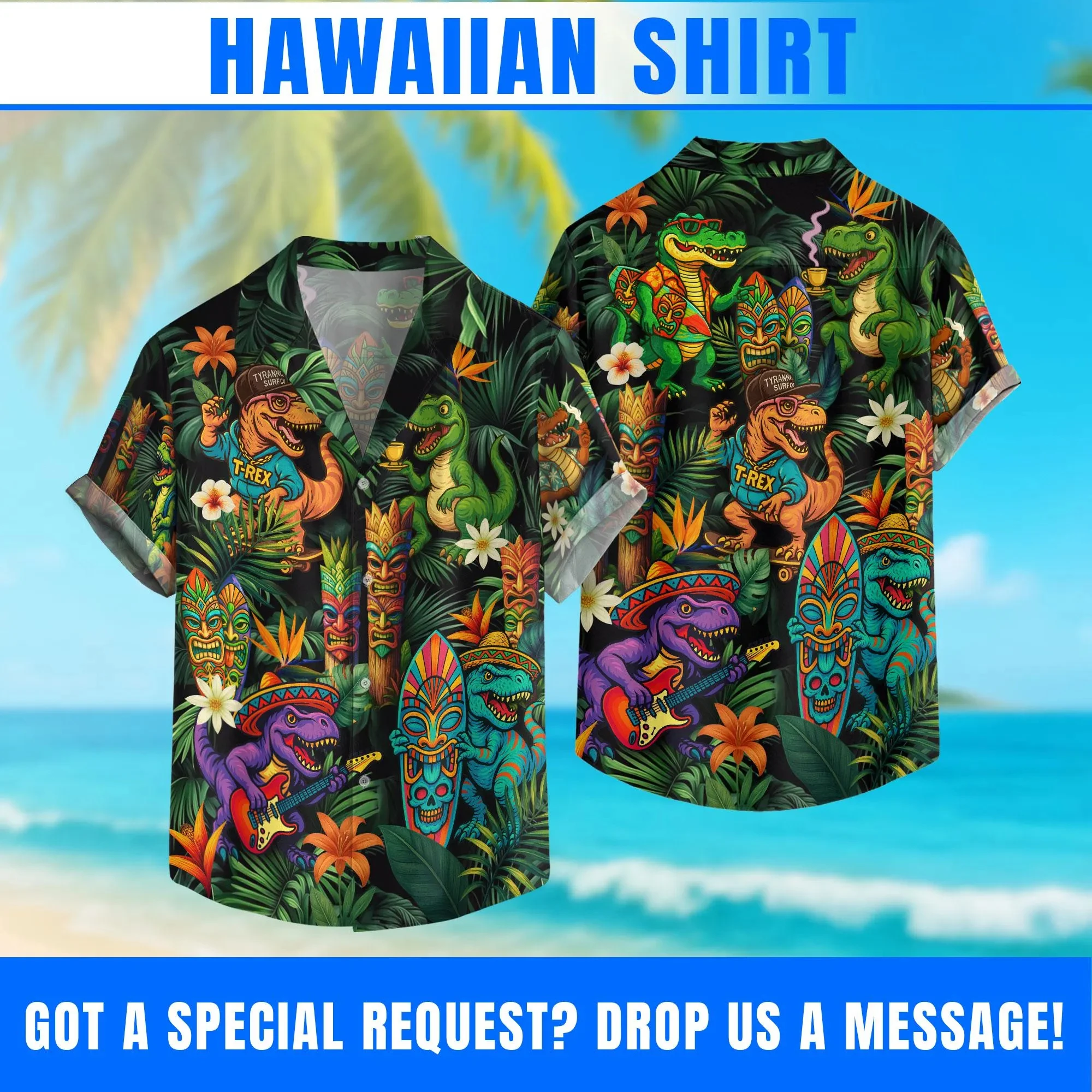 

Dinosaur Tropical Hawaiian Shirts, Dinosaur Summer Beach Shirt, Tiki Shirt For Men, Dinosaur Hawaiian Shirts For Women