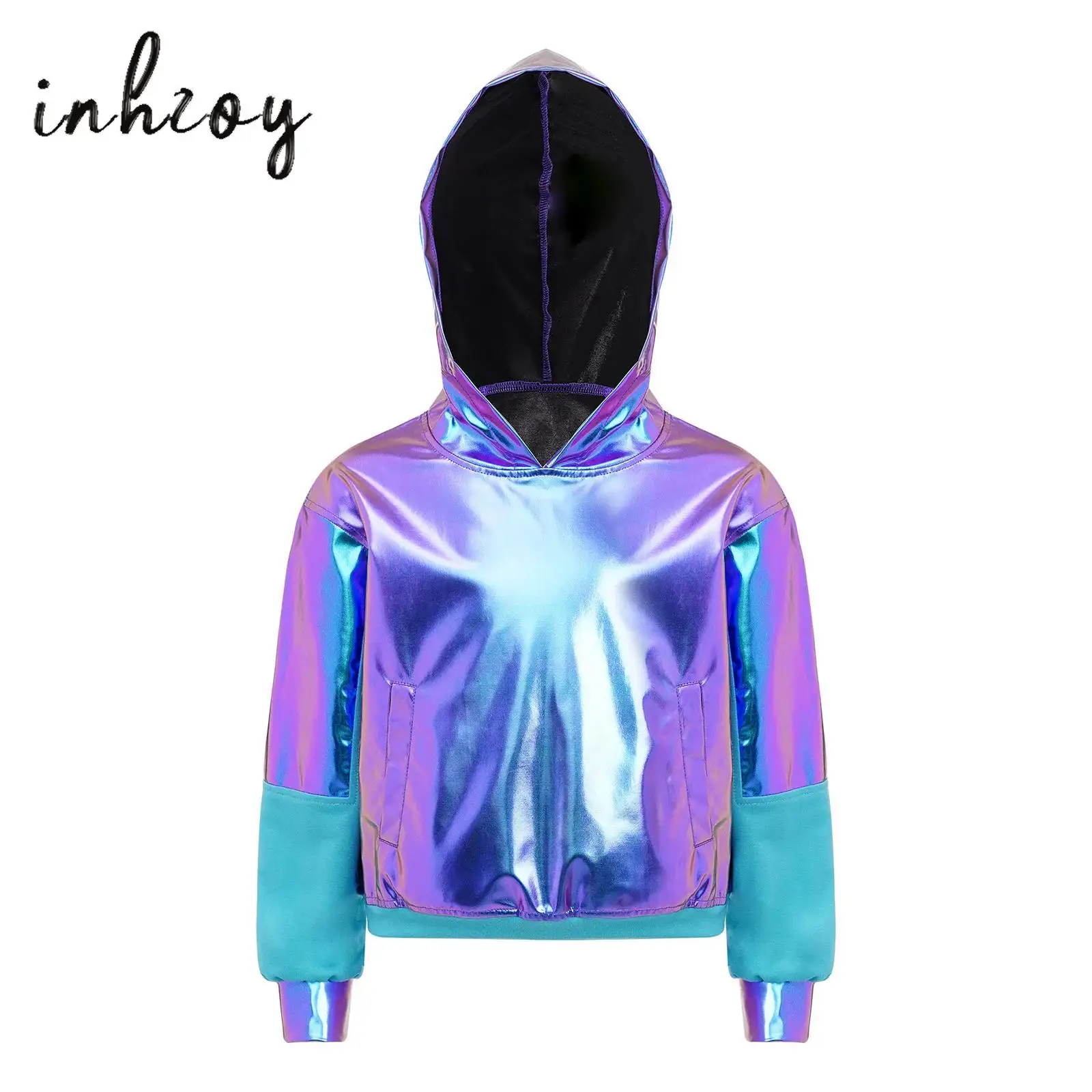 

Kids Girls Boys Metallic Hoodie Hip-hop Jazz Street Dance Top Long Sleeve Shiny Hooded Pullover Sweatshirt for Stage Performance