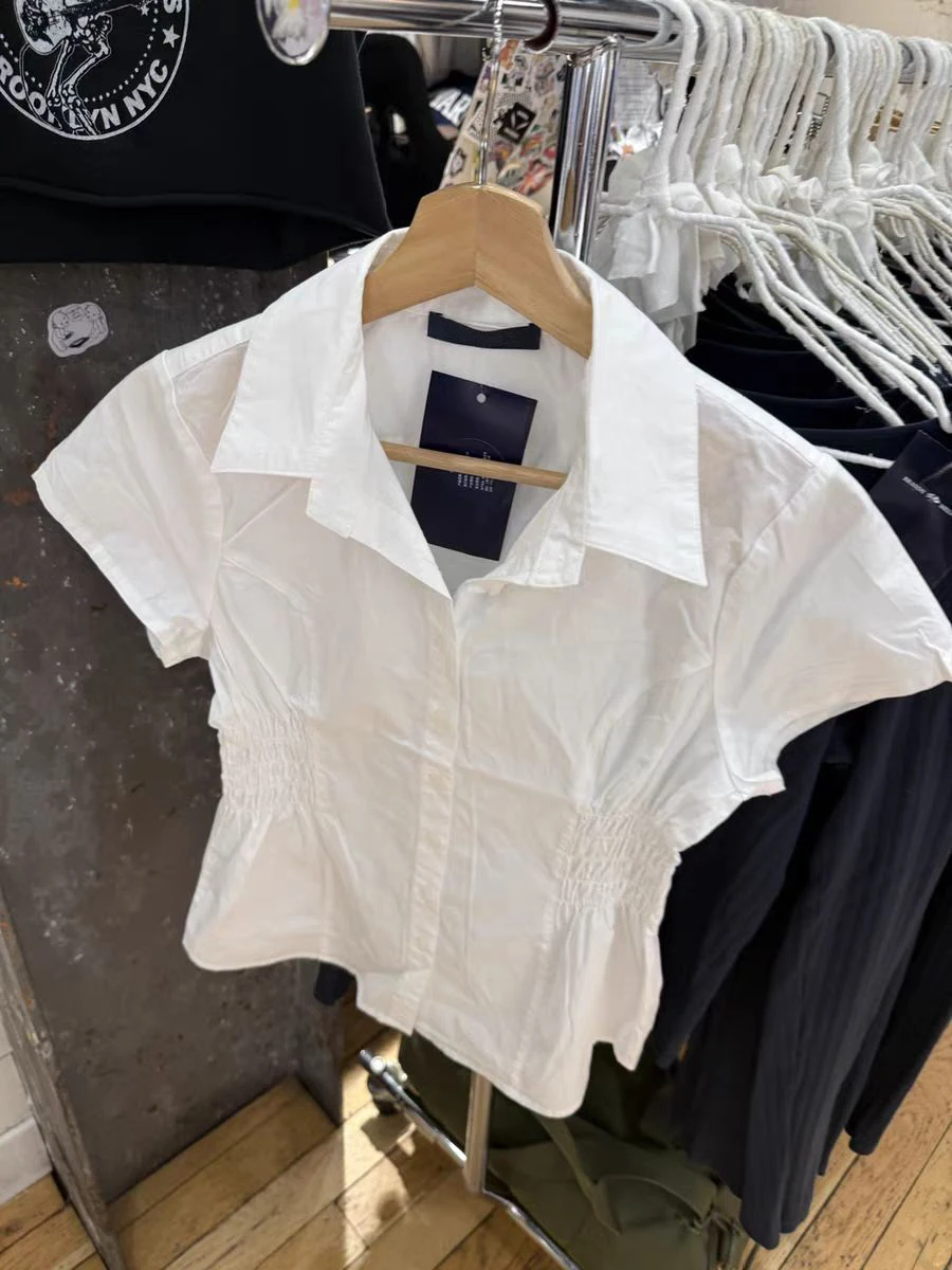 Witte elastische taille slanke T-shirt blouse dames kraag enkele rij knopen korte mouwen zomer preppy stijl zoete tees