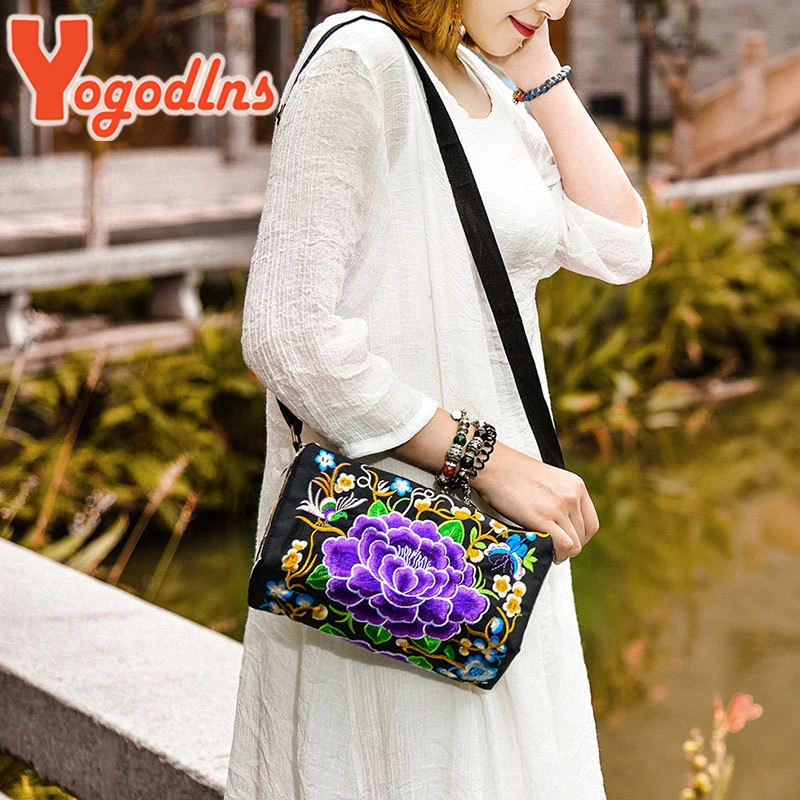 Yogodlns Retro Women Shoulder Bag Multi Floral Embroidery Bohemia Ethnic Retro Coin Purse Handbags Canvas Small Messenger Bag