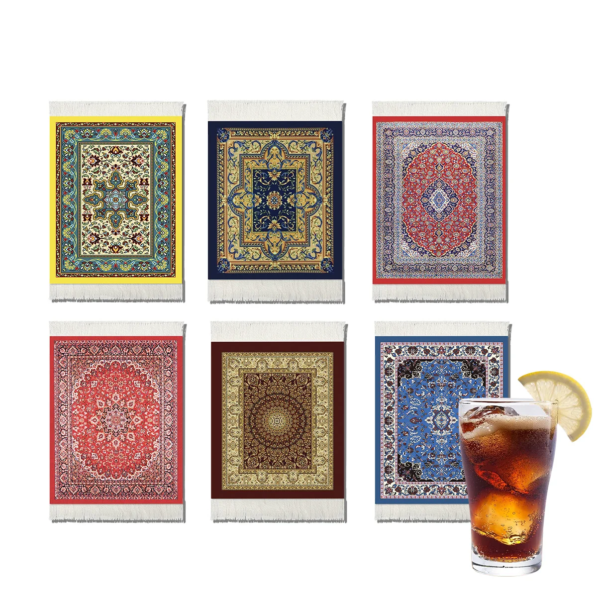 

6pcs Carpet Coasters, Persian Style, Handcrafted with Polyester Tassels, Coffee/drink Mats，Size:13cm*9cm*0.3cm