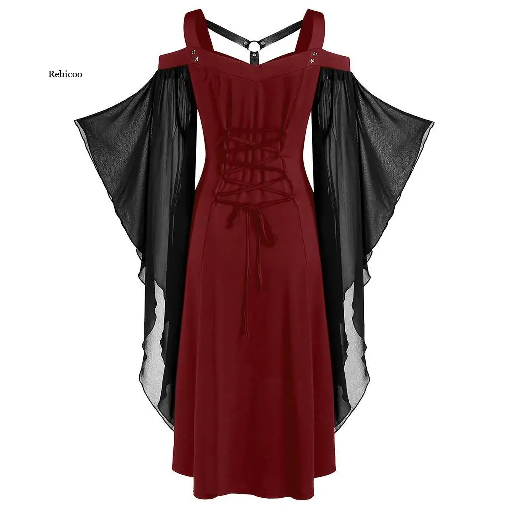 Women Halloween Sexy Steampunk Dress Off Shoulder Chiffon Irregular Sleeves Sexy Witch Costume Gothic Straps Body Chians