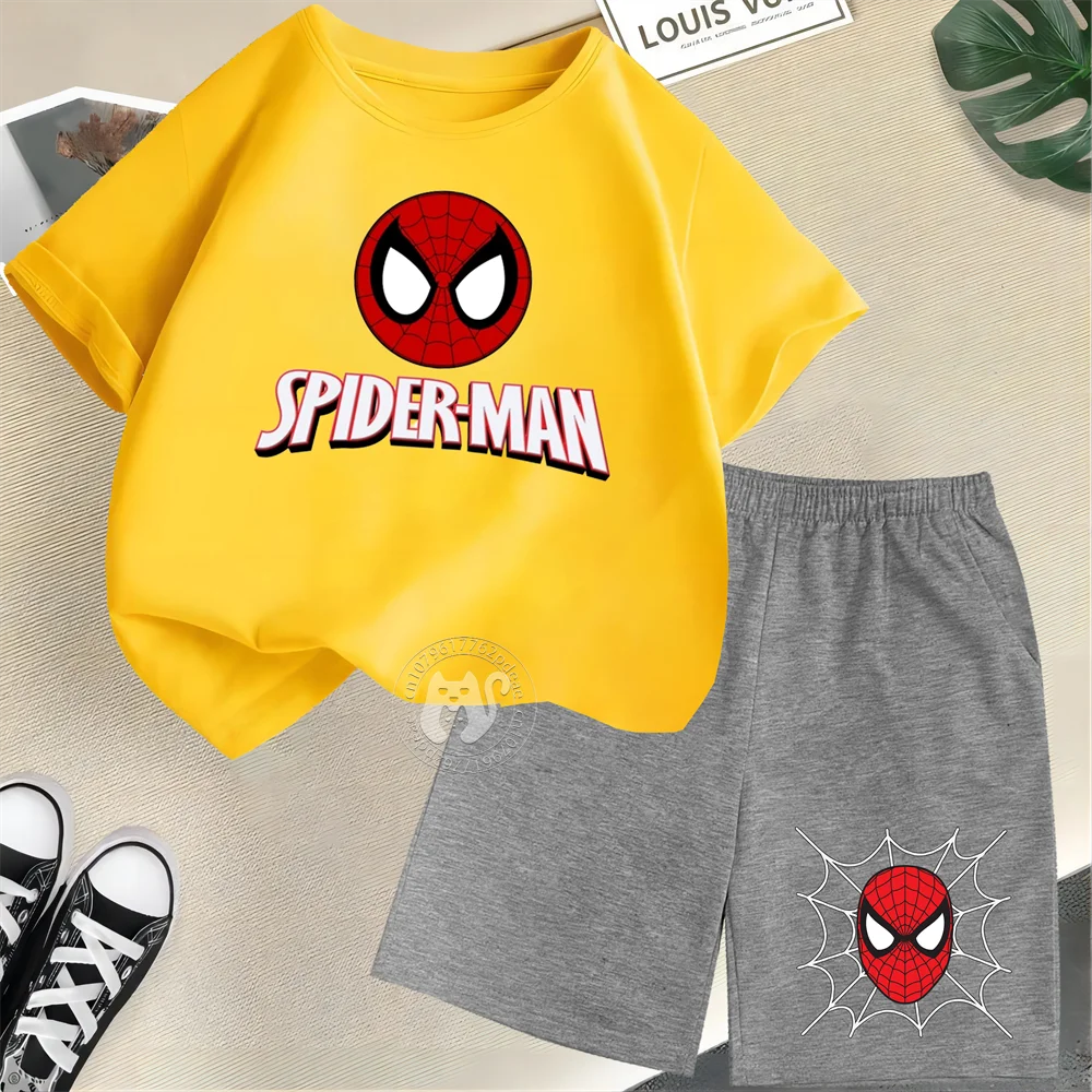 Spider-man Simple Summer 100% Cotton T-shirt + Shorts Kids cartoon men and women street casual fashion kids wear