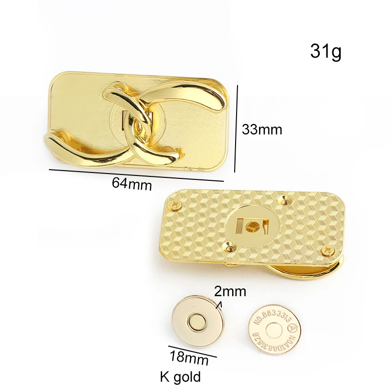 K Gold Rectangle Shape Metal Durable Clasp Turn Locks For Handbags Purse Bags Shoulder Luggage Magnetic Buckles Part Accessories