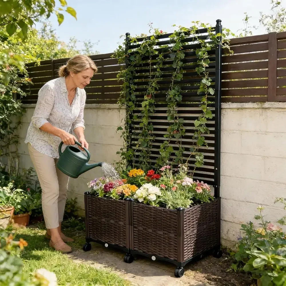 Privacy Screen with Planter, Raised Garden Bed, Trellis, Resin Wicker, Lockable Wheels, Drainage, Weatherproof Outdoor Balcony D