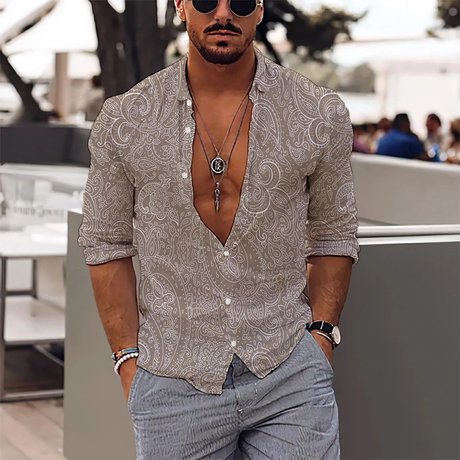 

Men Long Sleeve Shirts Male Spring Summer Turndown 3d Printed Blouse Retro Hawaii Pullovers Solid Color Camisas Male Tees