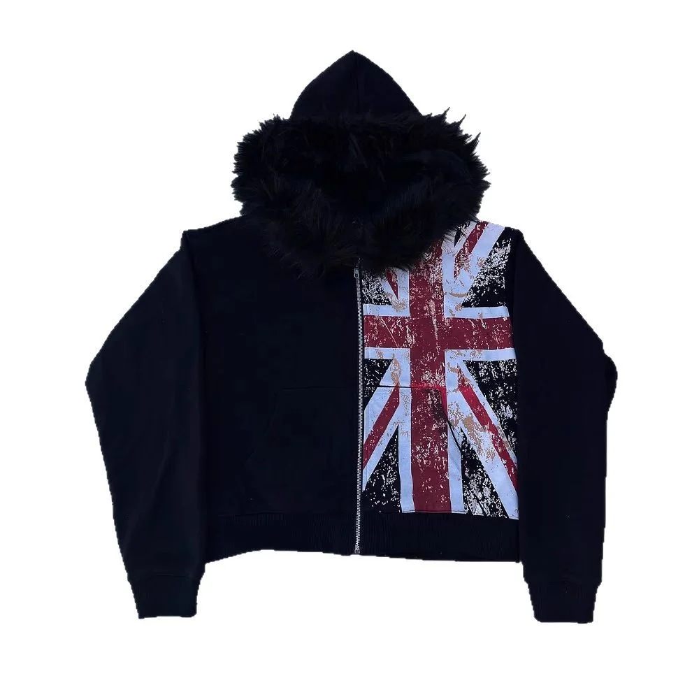 Y2K British Flag Print Zip-Up Hoodie, Artificial Fur Trim Short-Sleeved Hooded Jacket, Retro Distressed British Flag Pattern Str