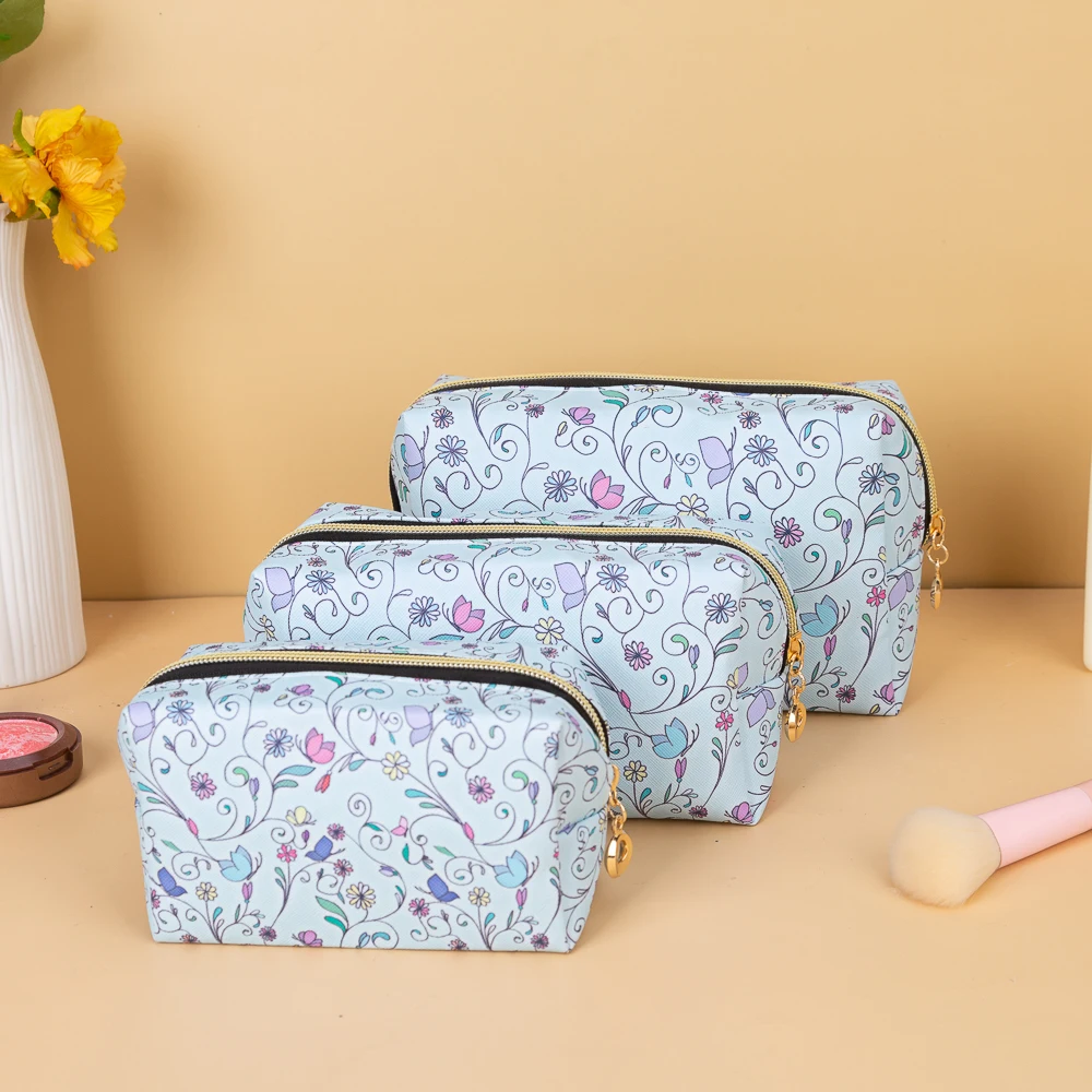 Large-capacity portable cosmetic bag travel portable toiletry bag waterproof PU leather printed female handheld storage bag