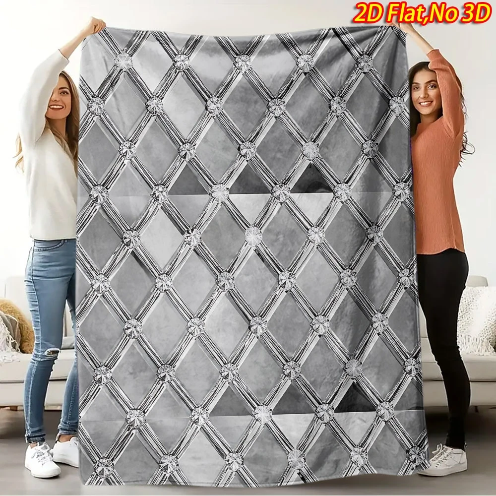 1pc 2D Flat Printing Spring & Summer New Arrival Light Luxury Silvery Rhombus Rhinestone Pattern Flannel Blanket, 100% Polyester