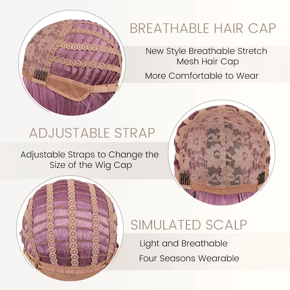 Short Wavy Wig with Bangs, Short Purple Bob Wigs for Women, Wavy Bob Wig with Bangs Synthetic Natural Looking Heat Resistatant