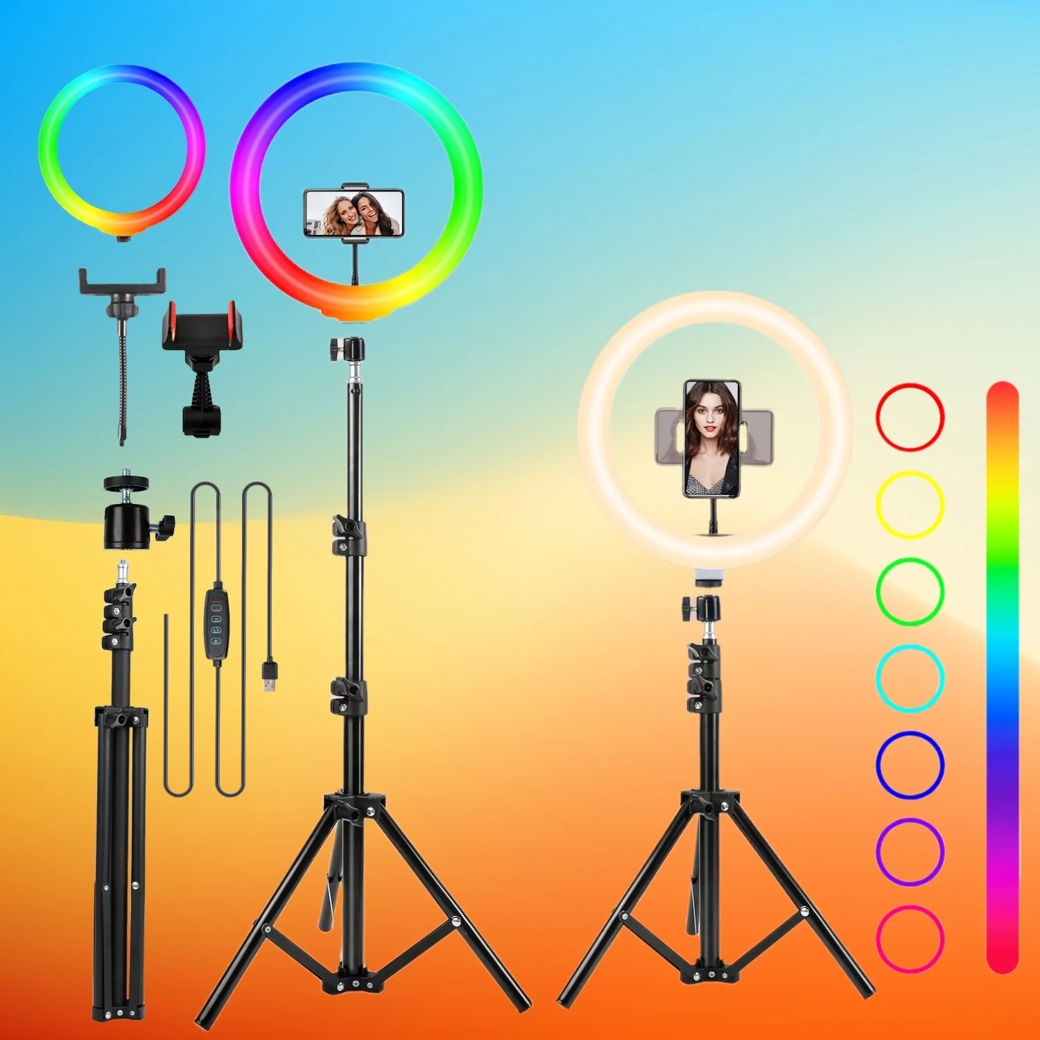 Anillo de Luz LED RGB Regulable de 12 Pulgadas con Trípode de 110 cm y 2 Soportes para Teléfono – Perfecto para Selfies, Fotografía, Transmisión en Vivo, Zoom Mee