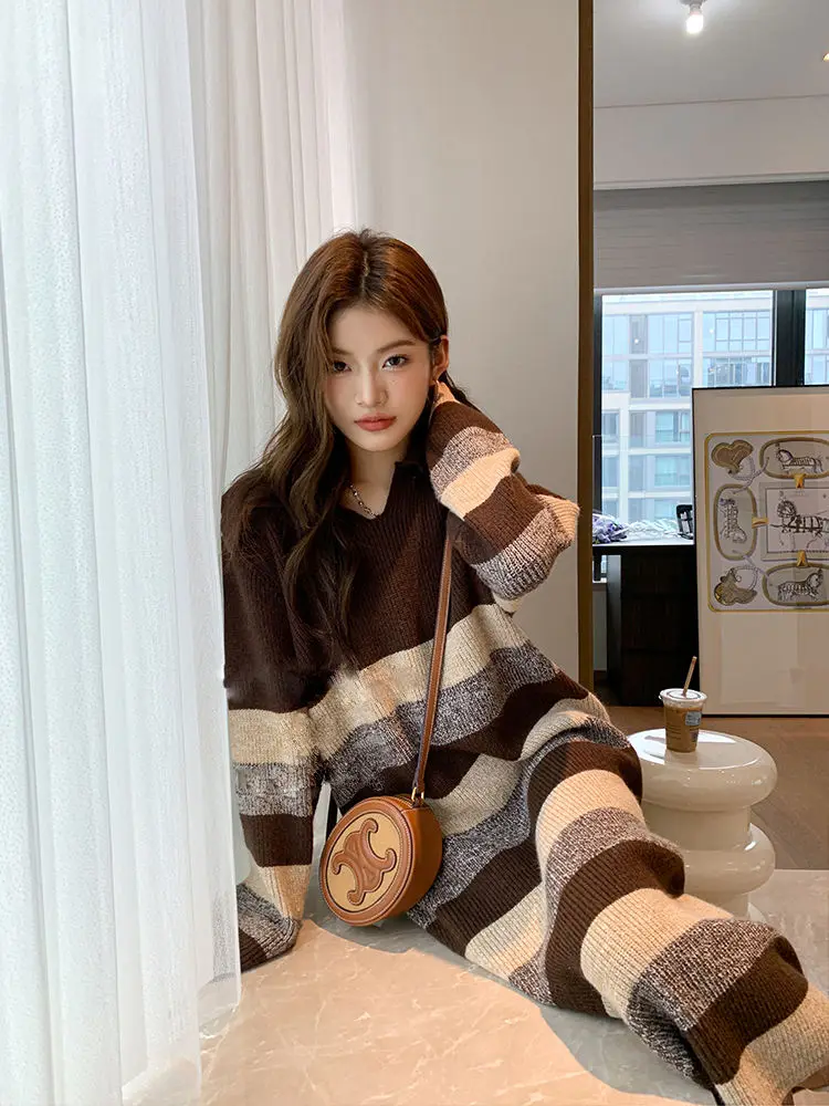 

Lapel Contrasting Striped Knitted Dress Women Autumn Winter New Niche Design Loose Lazy Style Sweater Skirt