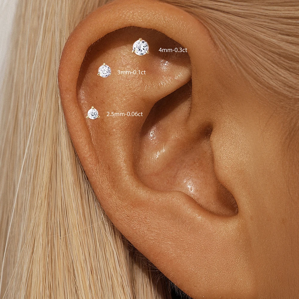 ROXI 1PC Gold S925 Silver Round Zircon Cartilage Stud Multi Size Halo CZ Piercing Minimalist Earring Daily Occasion Wear