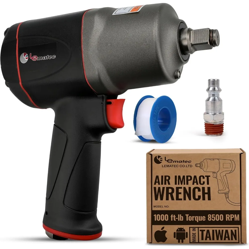 

1/2" Air Impact Wrench, High Torque 1000 ft-lbs, Twin Hammer, Lightweight & Shock-Resistant Housing, Pneumatic Impact Gun Drive