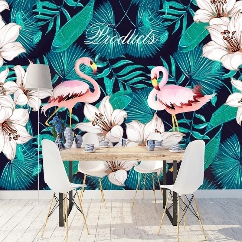 

MU8740 Background wall Wall Paper with a Nordic hand-painted retro-style tropical plant flamingo decorative painting