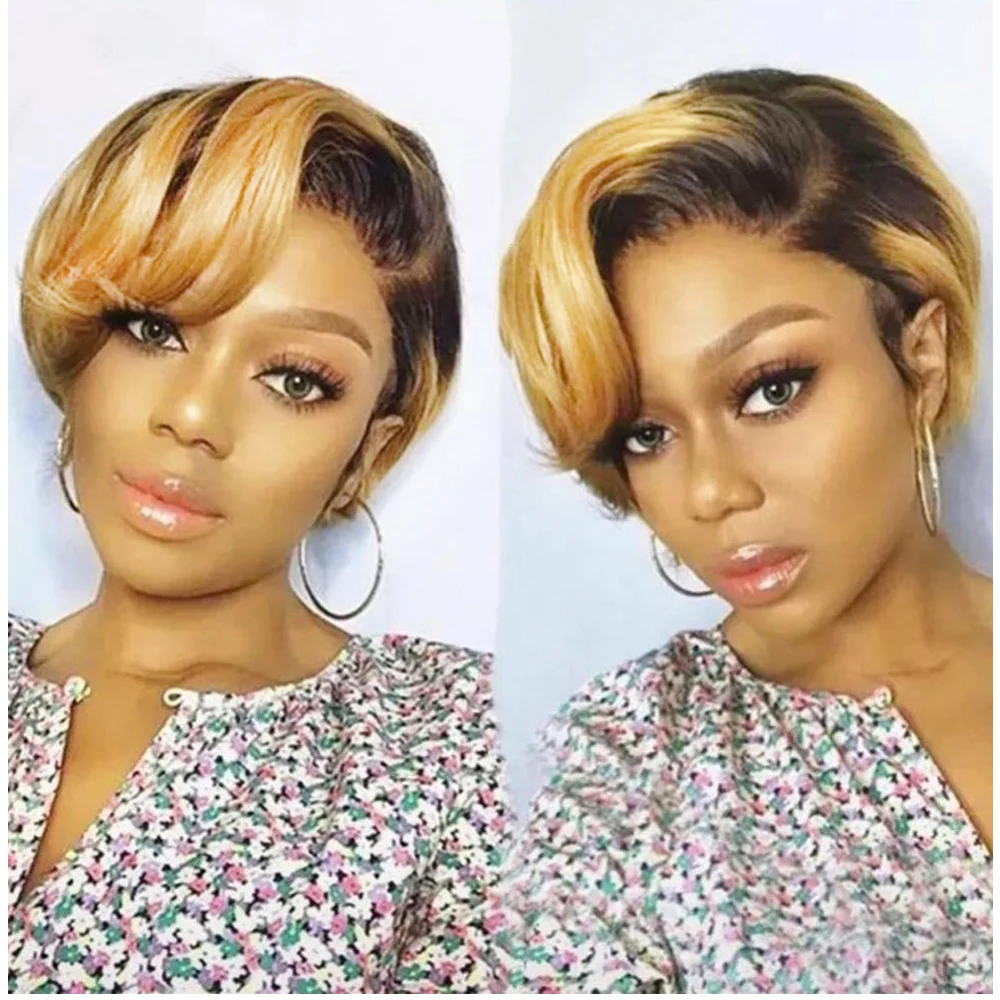 1B/27 Pixie Cut Wigs for Black Women 13x4x1 T Lace Front Human Hair Ombre Burgundy 27 Highlight 350 with PrePlucked 150 Density