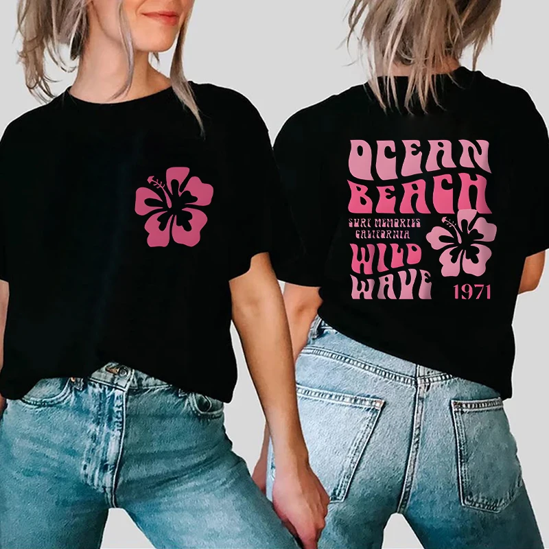 

Футболка женская с коротким рукавом и круглым вырезом, пляжная одежда в стиле преппи, с принтом гибискуса, с принтом кокоса, для серфинга