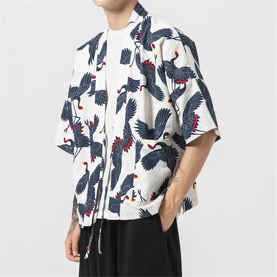 Kimono Shirts Men Hip Hop Streetwear Cardigan Shirt Male Summer Shirts Crane Bandana Pattern Kimono Loose