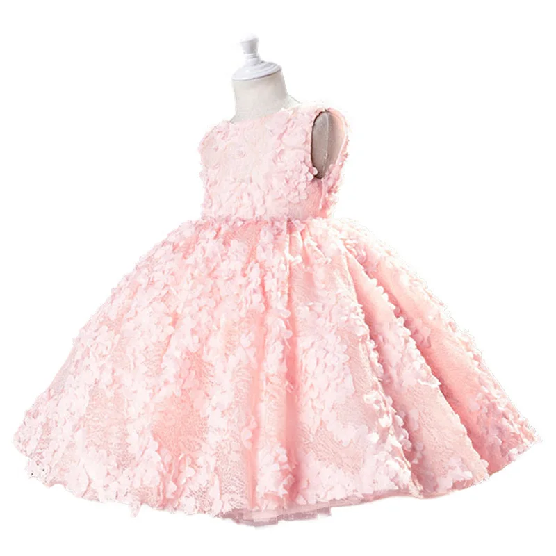 Toddler Pink Flower Girl Dress, Knee-Length, Birthday Party, Princess Ball Gown, Fluffy Carnival Performance Clothing 1-14 Kids