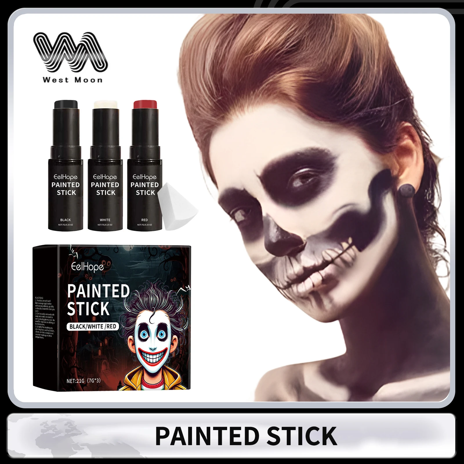 Halloween Body Paint Stick Set Face Full-Coverage Long Lasting Waterproof Black White Red Makeup, Clown Face Paint Makeup Set