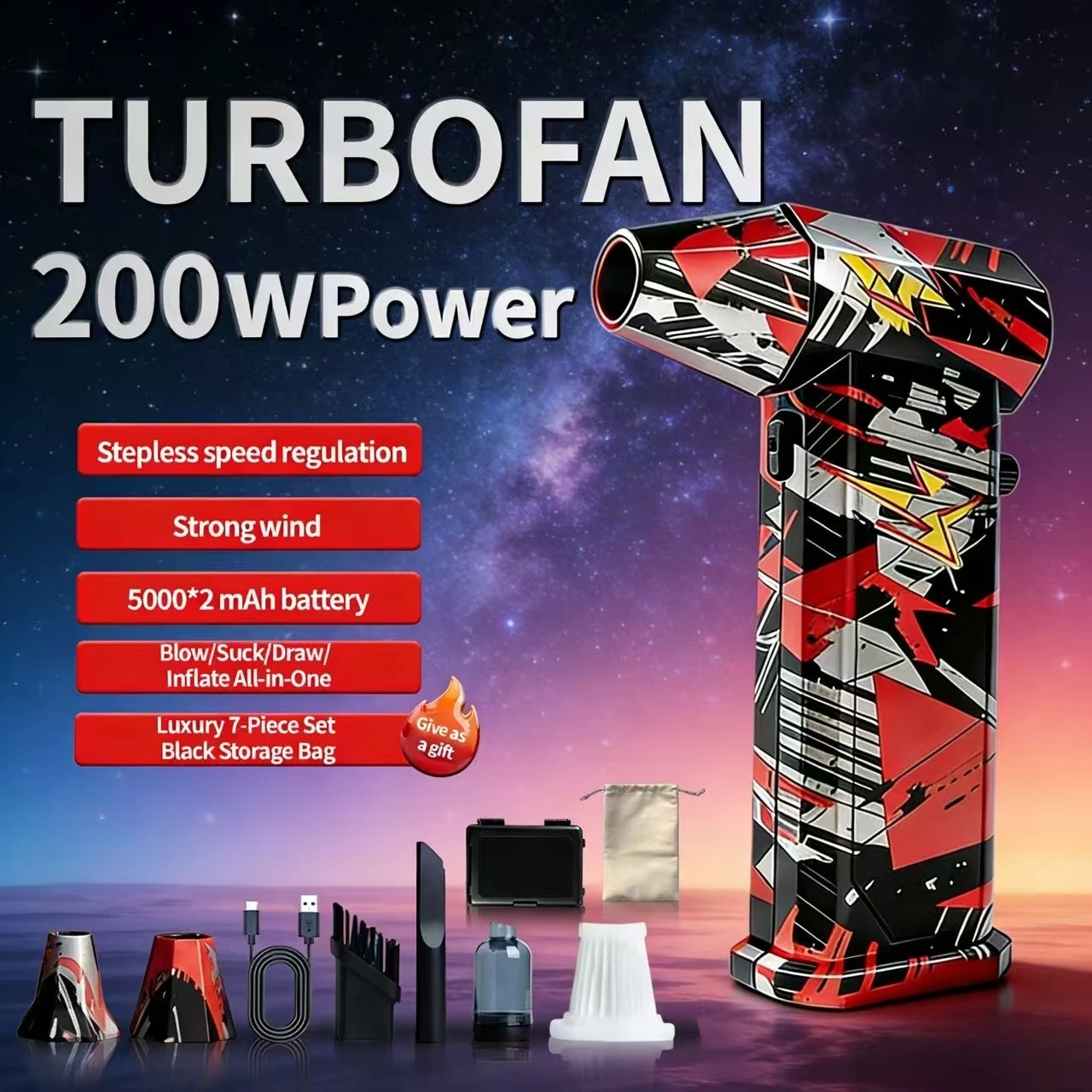 

Brushless Vacuum X9 Fan (Silver-Black-Red), 300000 RPM, 75m/s, Turbo Jet for Car Wash/Snow/Dust Cleaning