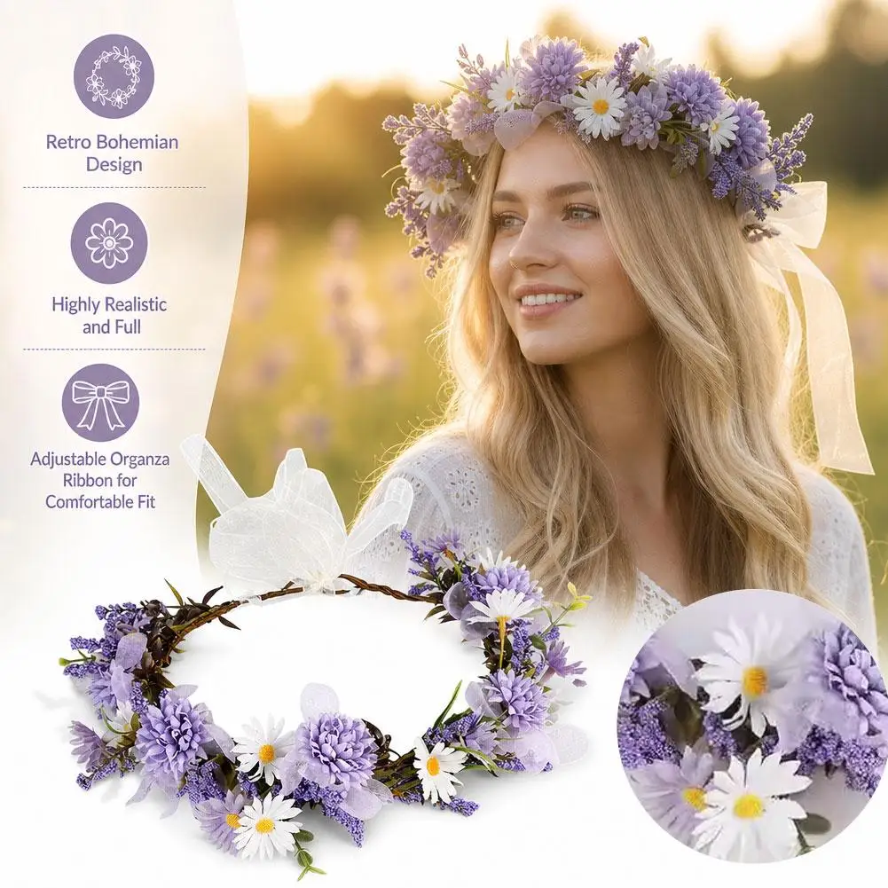 Bohemian Artificial Flower Wreath Headband Daisy Floral Crown For Bride Bridesmaid Wedding Party Vacation Headpiece
