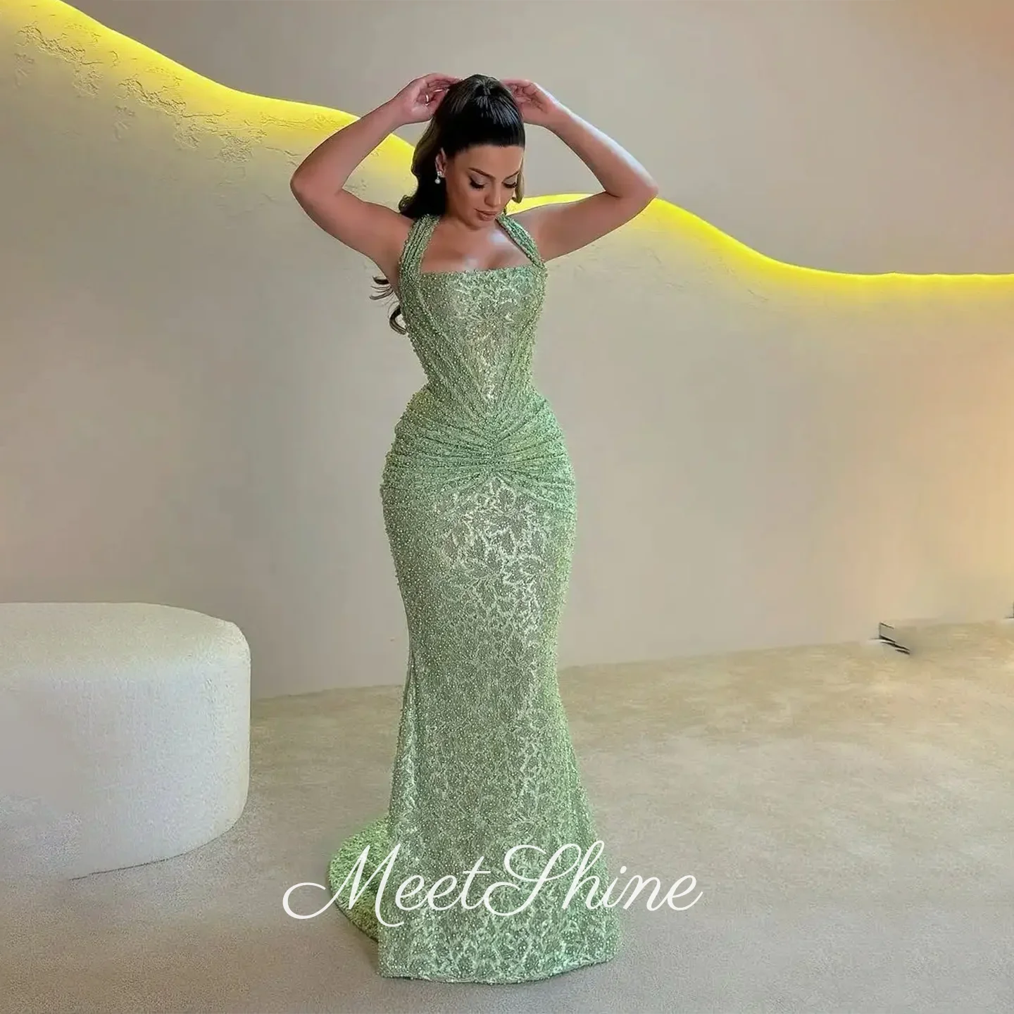 فساتين سهرة فاخرة بحورية البحر لؤلؤ مطرز بالخرز في دبي بدون أكمام ساحرة سويب تراين تول فساتين لحضور الحفلات الموسيقية حسب الطلب