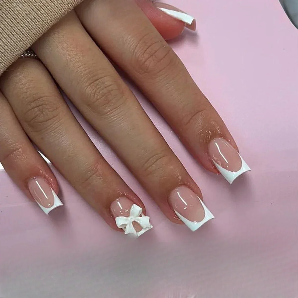 24pcs Short Square Pink Simple French False Nails with Glue Pearl Bow Design False Nails Press on Nails Full Cover Nail Tips Art