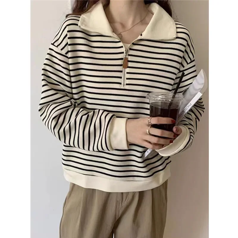 

Autumn Stripe Zipper Pullover Women Fashion Loose Simple Soft Turndown Collar Long Sleeve Top Korean Preppy All Match Sweatshirt