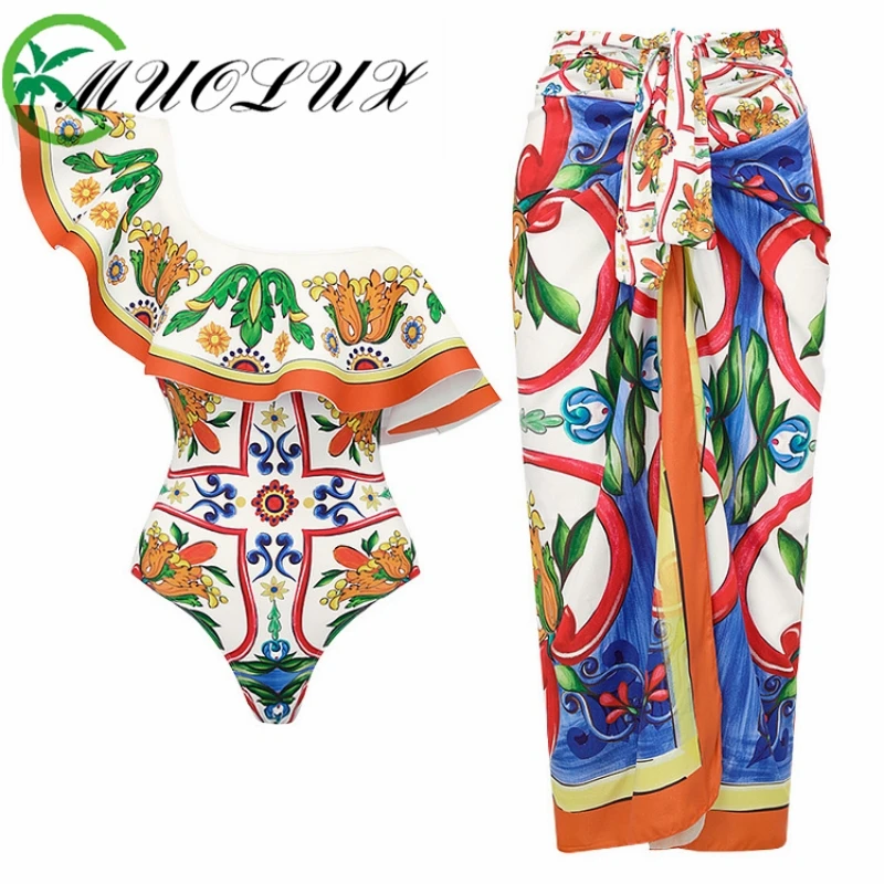 

MUOLUX 2024 Beach Women's Bikini Swimwear New Ruffled Enamel Printed One Shoulder One-piece Swimsuit Wrapped Skirt Two-piece Set