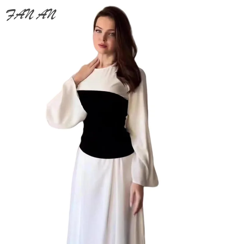 

Autumn Winter Sister Fashion New Style Black And White Splicing Elegant Temperament Style Waist Slimming Dress Women Long Dress