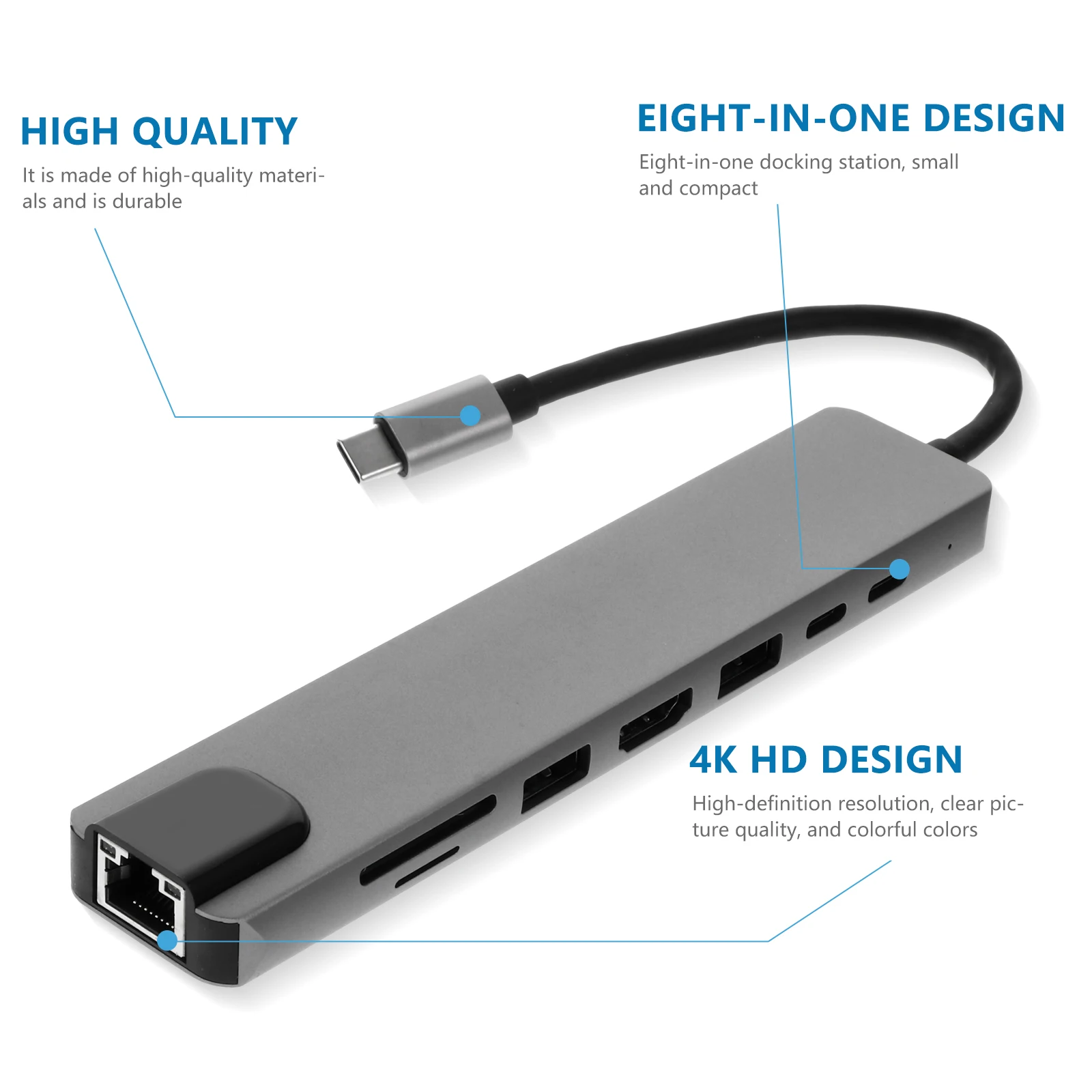 

1pc Type- 8 In 1 Docking Station Usb C Adapter 4K Hd For Phone Laptop Desktop