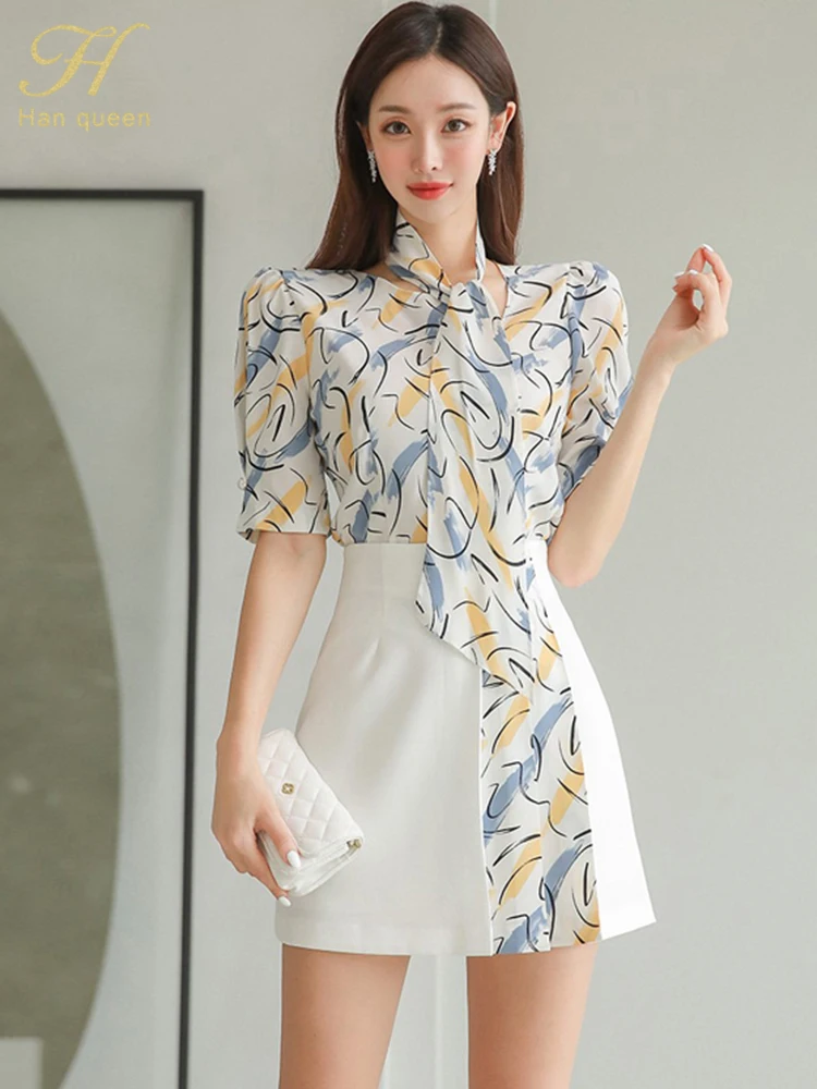 H Han Queen New 2024 Summer Party 2 Piece Sets Women Print Shirt + Pleated A-Line Short Skirts Korean Skirt Set Female Clothing