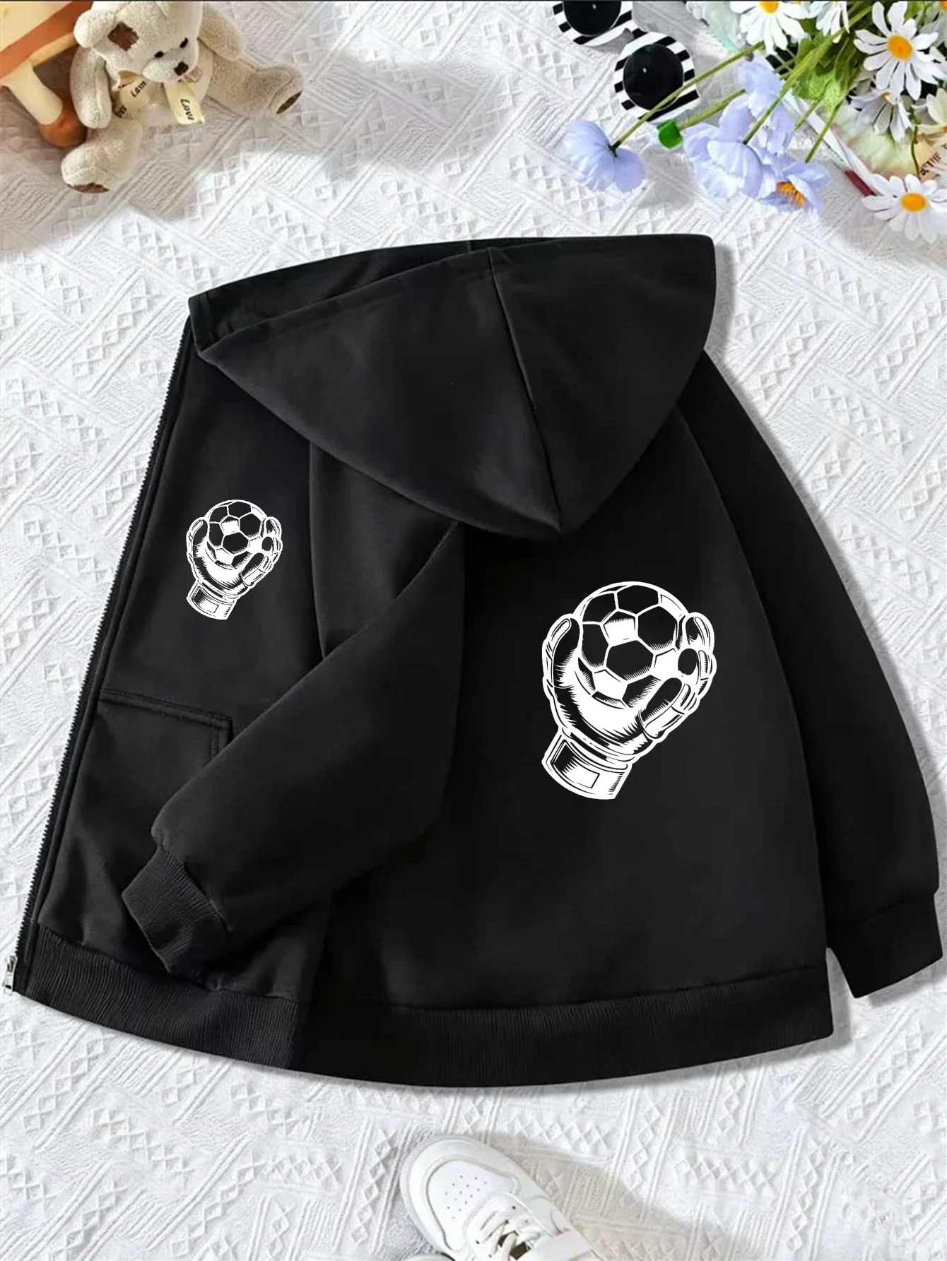 Kids Zip Up Hooded Jacket Goalkeeper Glove Soccer Graphic Long Sleeve Casual Hoodie Outerwear For Boys