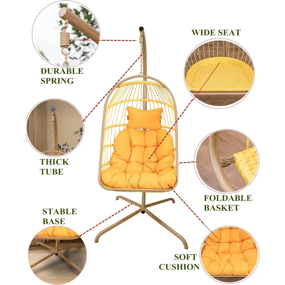 Indoor Outdoor Ei Stoel Met Standaard En Oxford Hoes 450Lbs Capaciteit Opvouwbare Patio Rieten Hangende Schommel Stoel Voor Patio (Geel)