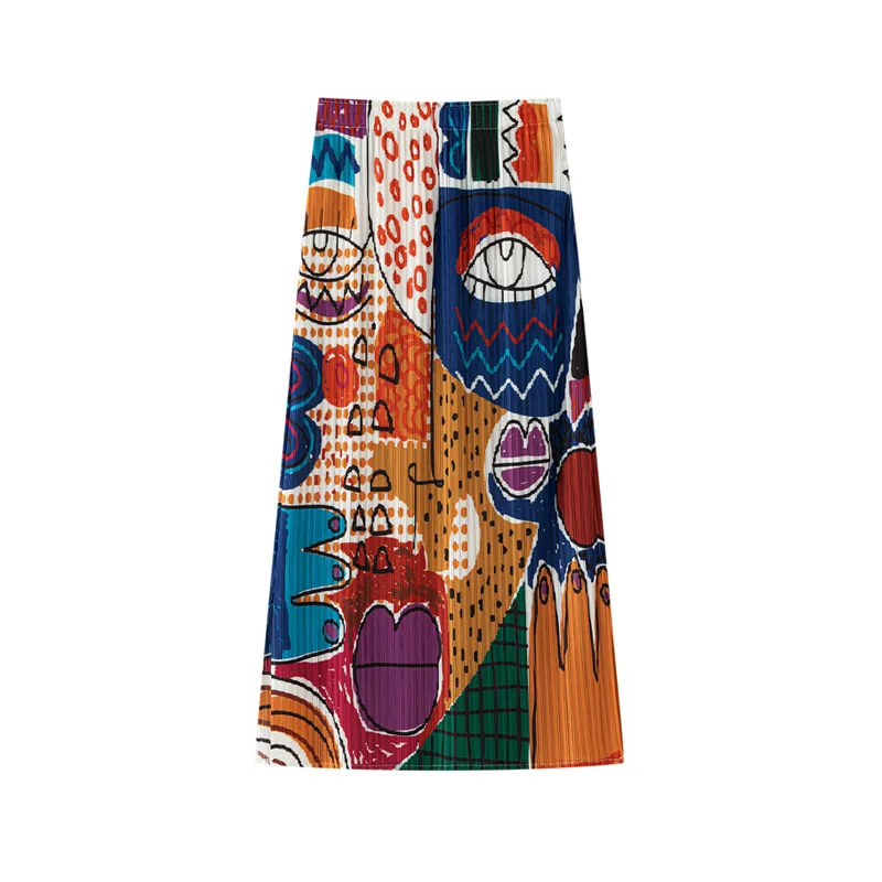 Miyake plissettato 2025 primavera ed estate nuova gonna stampata per donna, temperamento alla moda di nicchia, gonna a pieghe a pieghe ampia