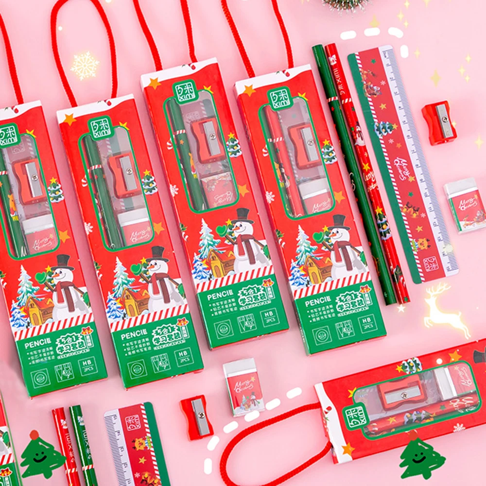 5pcs/set Cartoon Christmas Stationery Set Pencil Drawing Sketch Pens Student Christmas Gift Prize Gift Portable Stationery