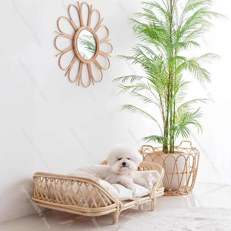 All Season Rattan Pet Bed, Woven Dog Cat Nest for Small Medium Dogs Breathable Four Seasons Bed