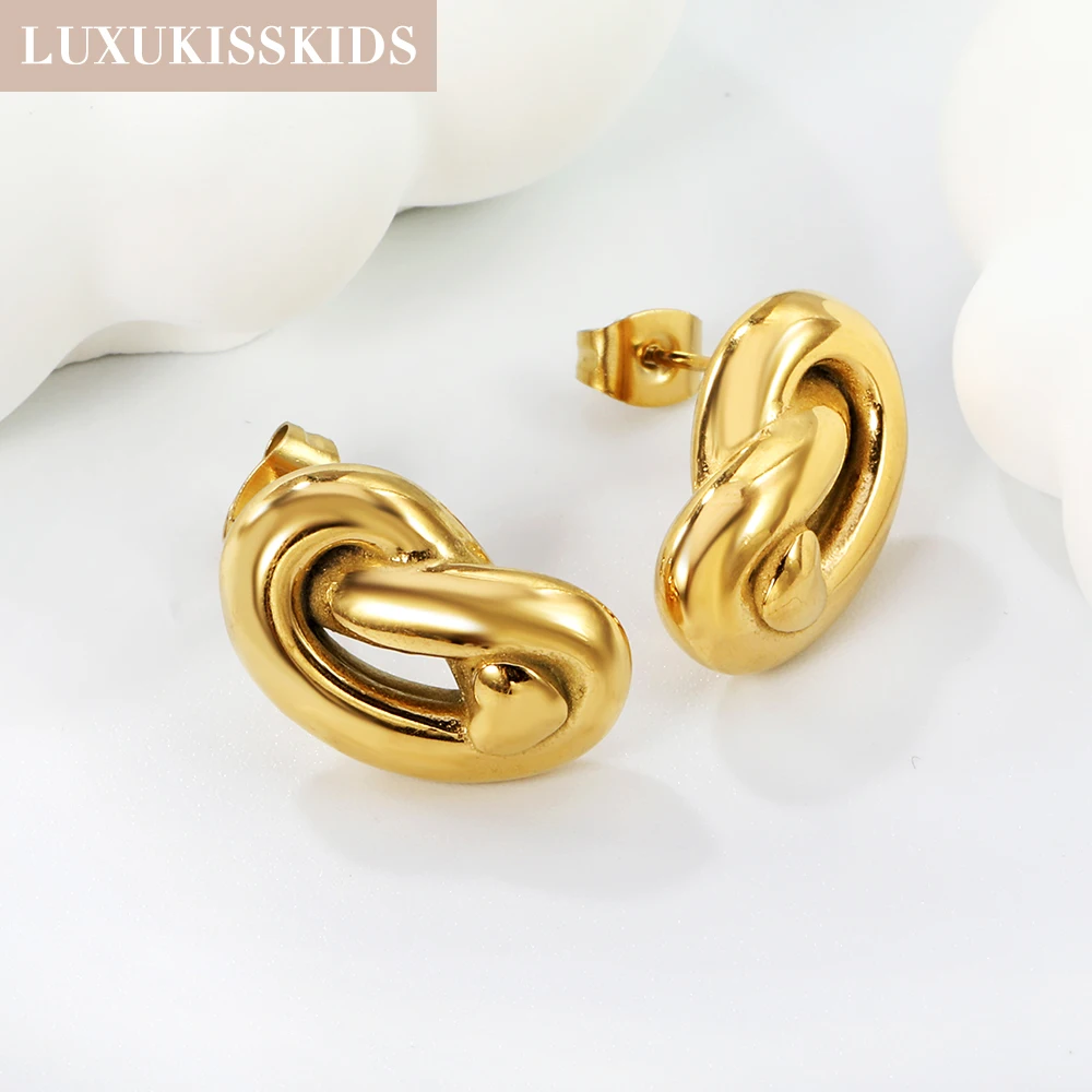 LUXUKISSKIDS Romantic Geometric Big Stud Earrings for Women Stainless Steel Texture Gold Color Waterproof Charms Wedding Party
