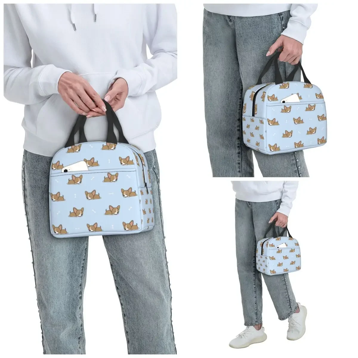 Corgi Puppy Lie Down In Blue Background Insulated Lunch Bag for Kids Cooler Thermal Food Box Tote Portable Lunch Boxes Container